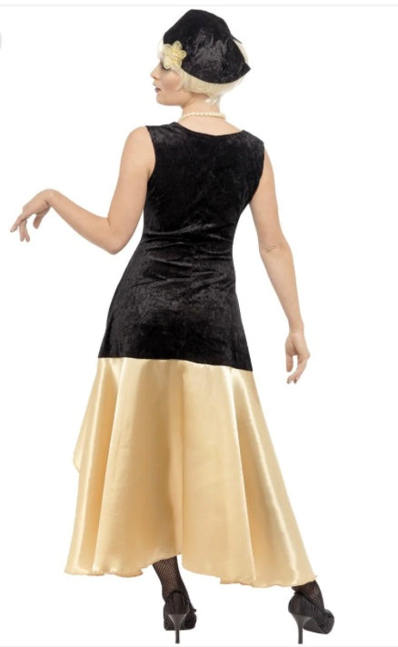 20s Gatsby Girl Costume Ladies Black Gold Dress