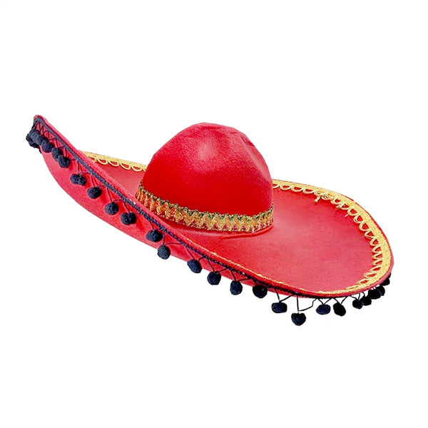 RED MEXICAN SOMBRERO HAT WITH BLACK POM POMS - Main Image