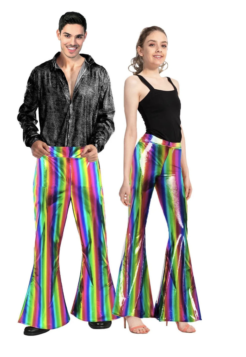 ADULT METALLIC DISCO FLARE PANTS RAINBOW